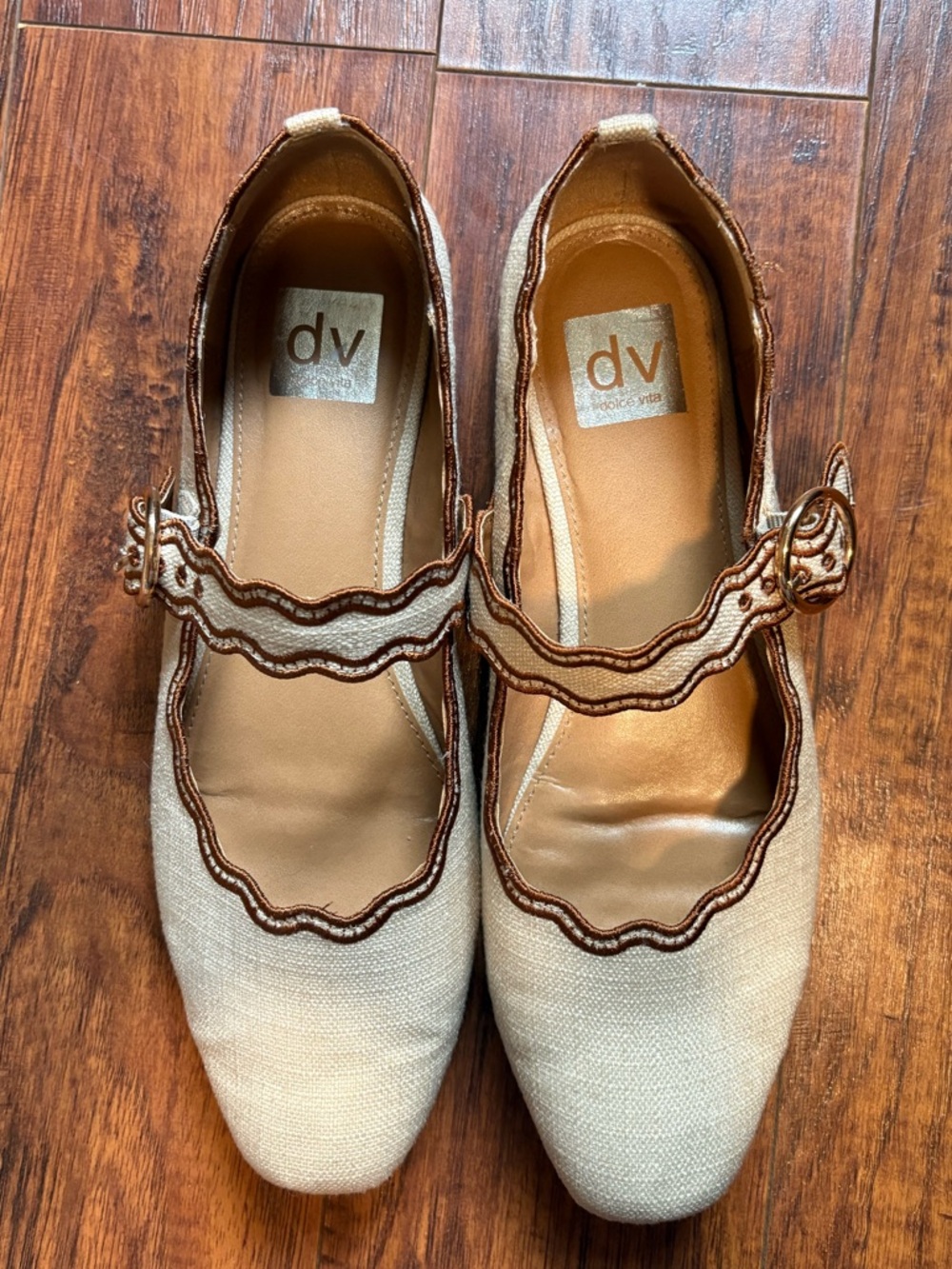DV Dolce Vita Mary Jane Flats | Scalloped Strap Raffia Woven Neutral shoe Sz 9.5